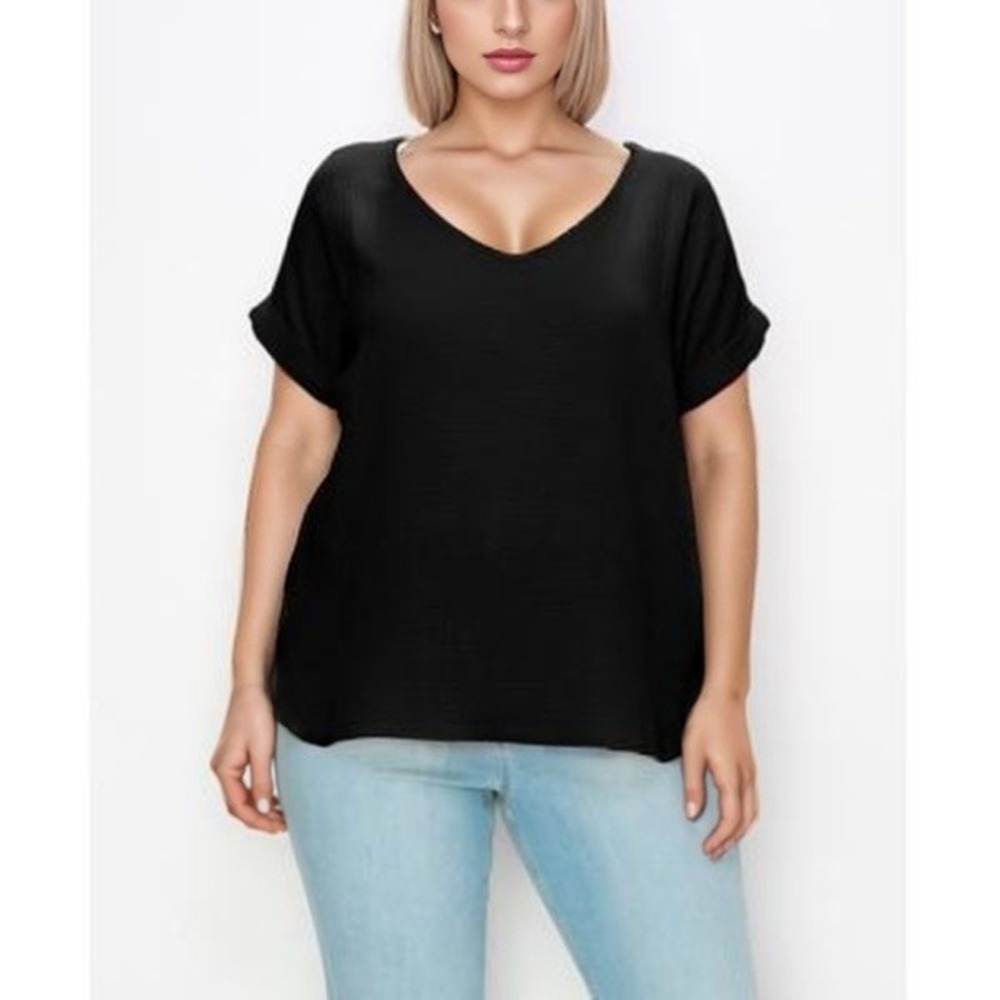 Coin 1804 Gauze Scoop Neck Oversized Top Women 3X Black Minimalist Lagenlook NWT